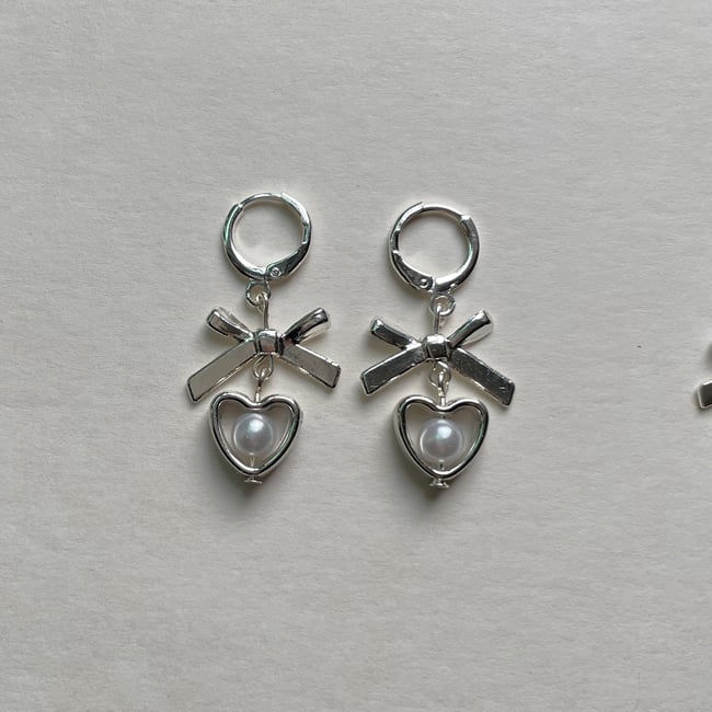 silver heart and bow huggie hoop earrings