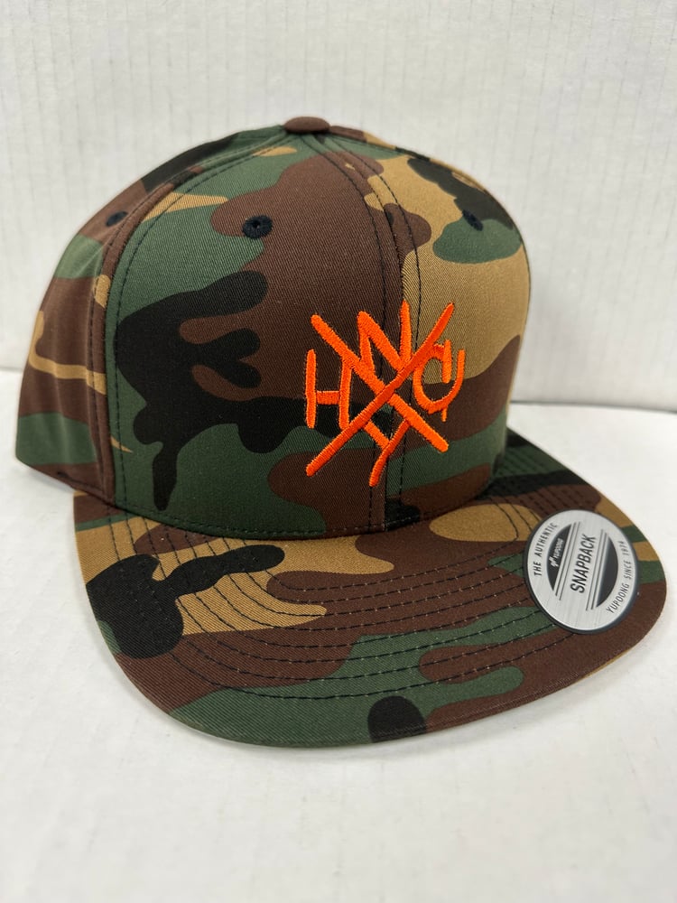 Image of The ORIGINAL NYHC New York Hardcore Snapback Hat CAMOUFLAGE & ORANGE