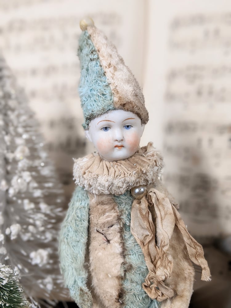 Image of Darling 7" Shabby BLuE & CrEAM  POPPET  with antique german bisque dolly head by Whendis bears