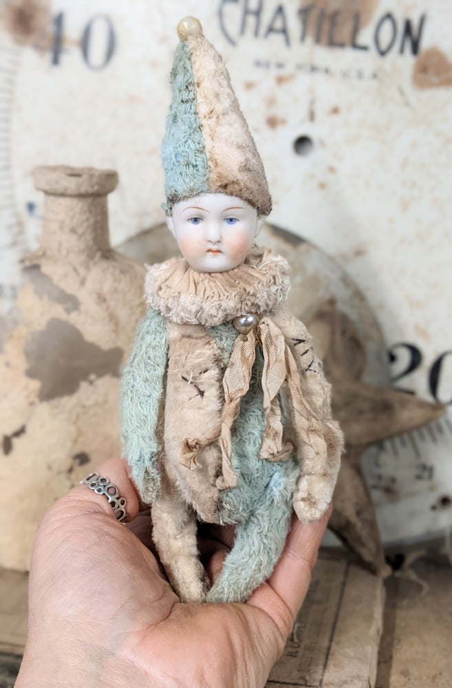 Image of Darling 7" Shabby BLuE & CrEAM  POPPET  with antique german bisque dolly head by Whendis bears