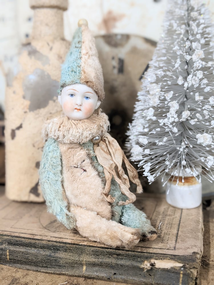 Image of Darling 7" Shabby BLuE & CrEAM  POPPET  with antique german bisque dolly head by Whendis bears
