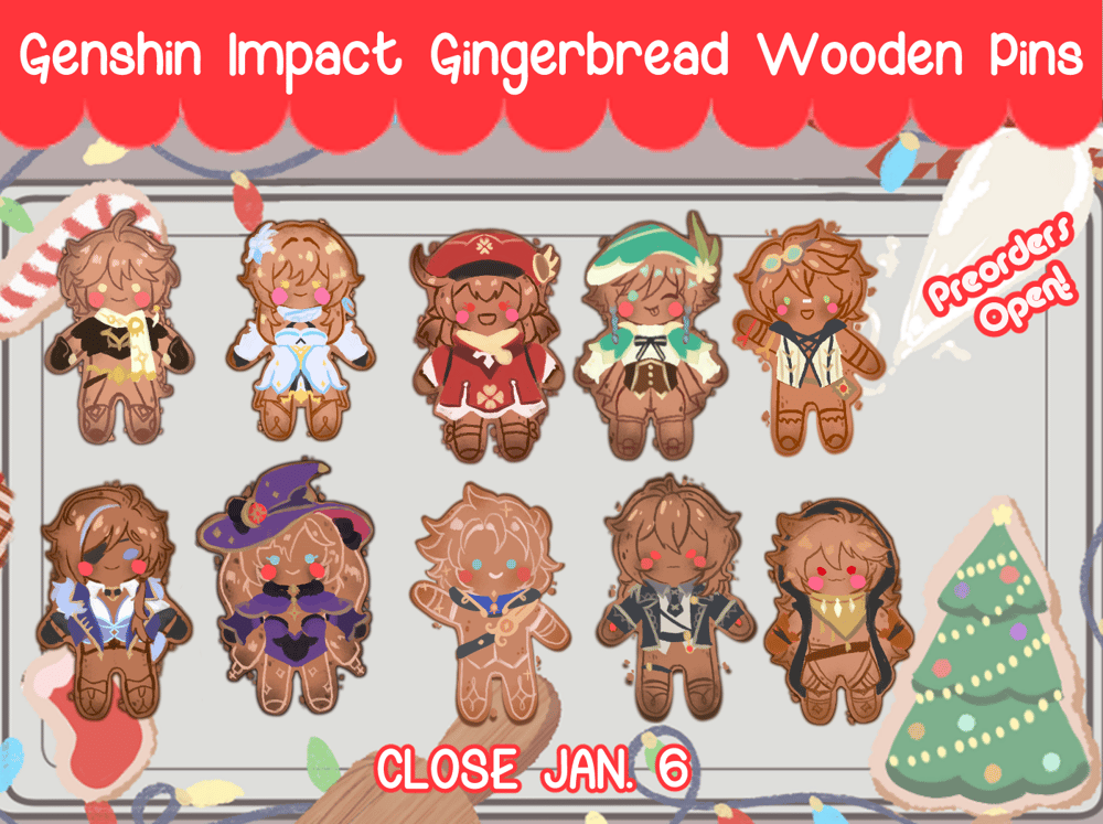 Image of PREORDERS Genshin Impact Gingerbread Wooden Pins