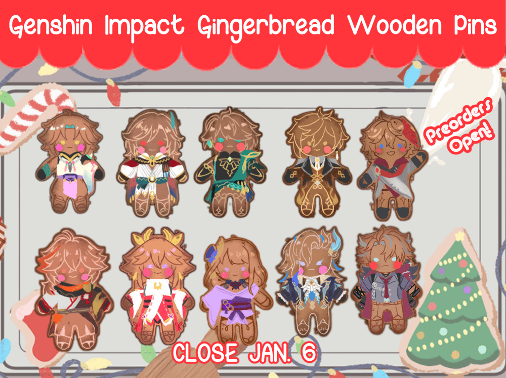 Image of PREORDERS Genshin Impact Gingerbread Wooden Pins