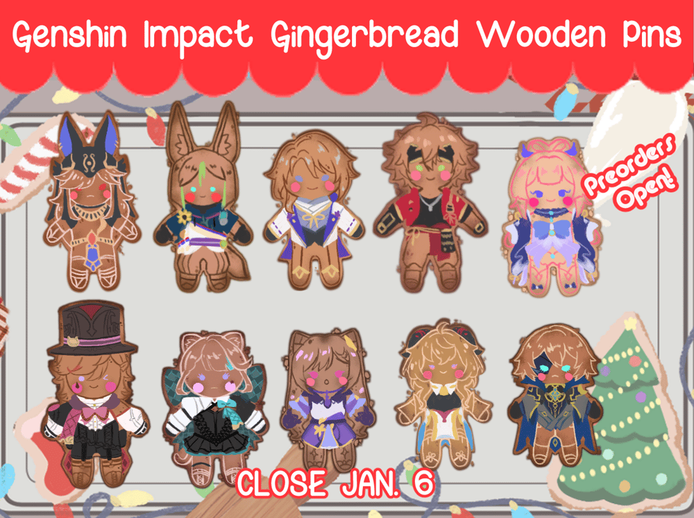 Image of PREORDERS Genshin Impact Gingerbread Wooden Pins