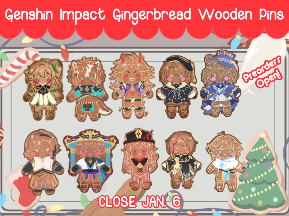 Image of PREORDERS Genshin Impact Gingerbread Wooden Pins