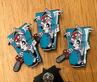 Image 1 of 'mILK wITH a cHAINSAW' Enamel Double Pin Badge.