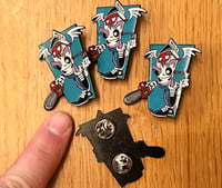 Image 2 of 'mILK wITH a cHAINSAW' Enamel Double Pin Badge.