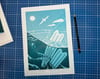 Freediving at Rongesundet bru - Original linocut print