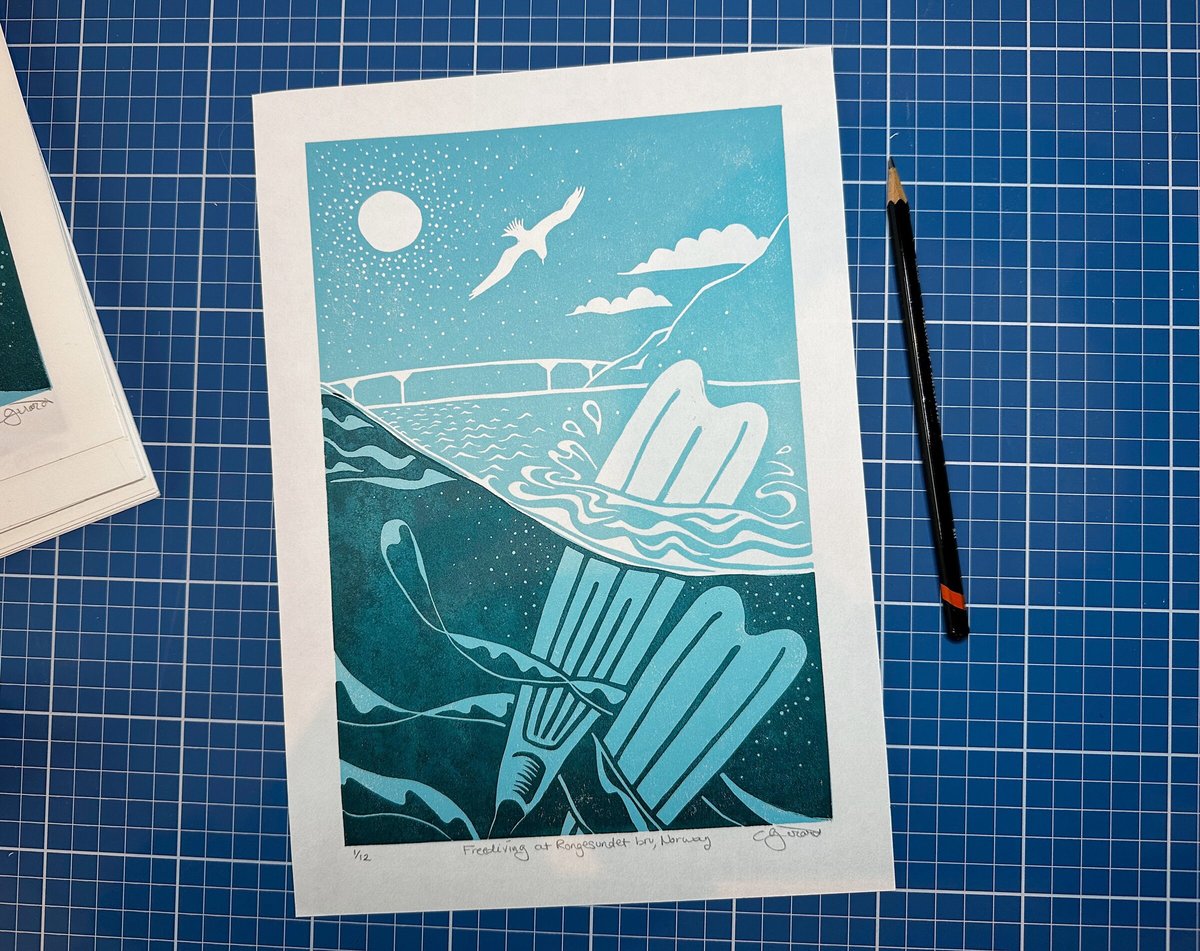 Freediving at Rongesundet bru - Original linocut print | Claudelle Girard