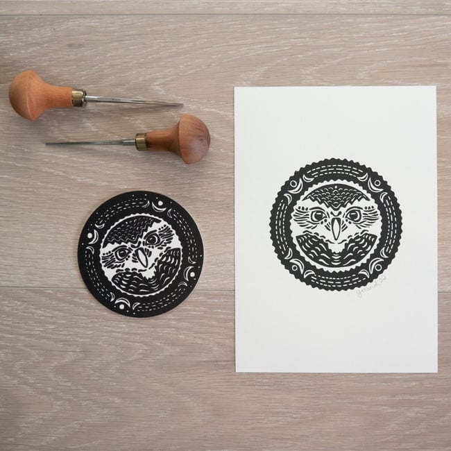 Owl original linocut print and matching coasters set