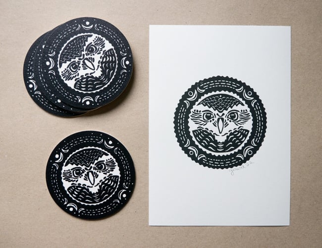 Owl original linocut print and matching coasters set
