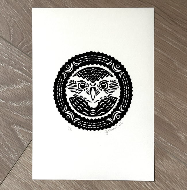 Owl original linocut print and matching coasters set