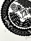 Owl original linocut print and matching coasters set