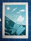 Freediving at Rongesundet bru - Original linocut print