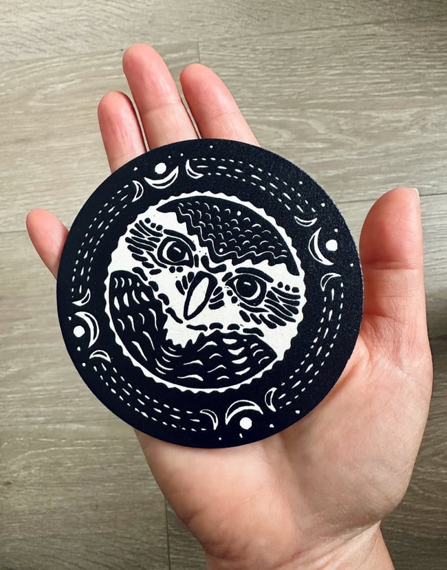 Owl original linocut print and matching coasters set