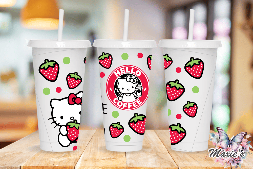 Image of NO HOLE/ Strawberry Kitty Coffee Graphic Design 24oz. UVDTF Tumblr Wrap 