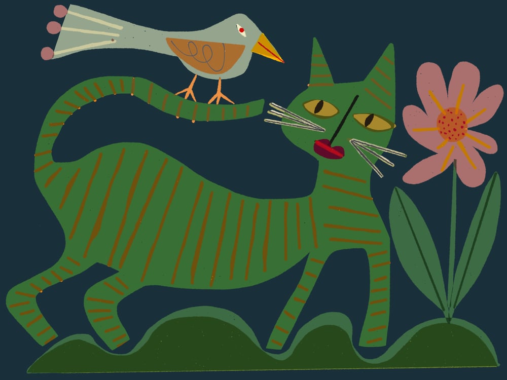 Image of Green Cat and Pink Flower