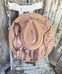 Custom Burned Hat - Faux SUEDE WIDE Brim - Light Tan Horse 1