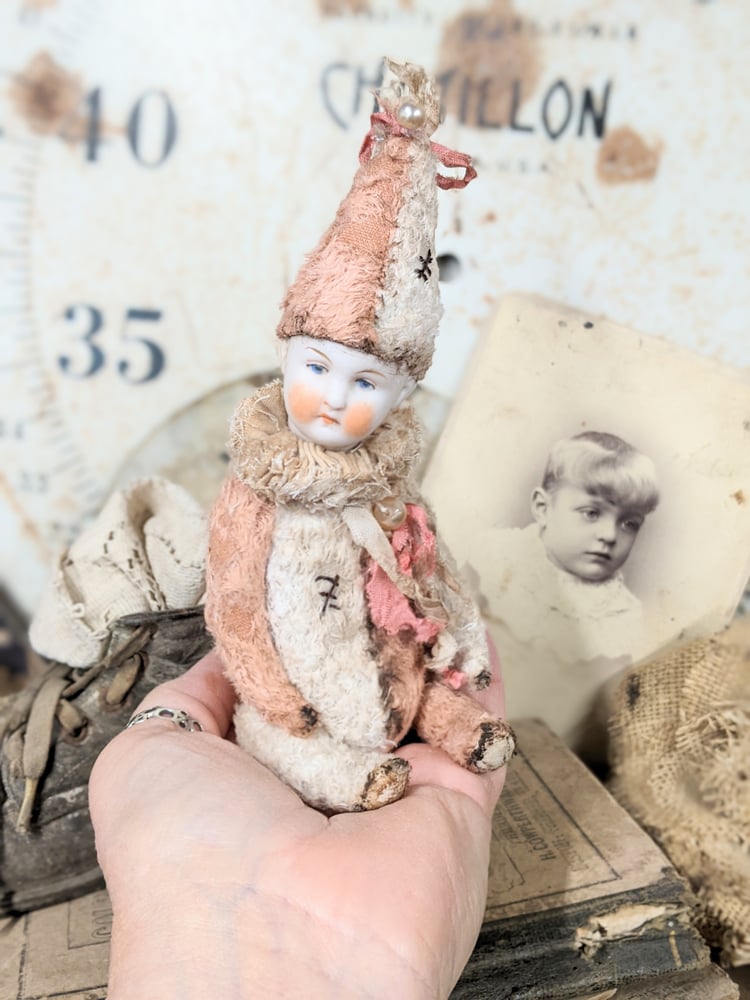 Image of Darling 7" Shabby PiNK & CrEAM  POPPET  with antique german bisque dolly head by Whendi's Bears