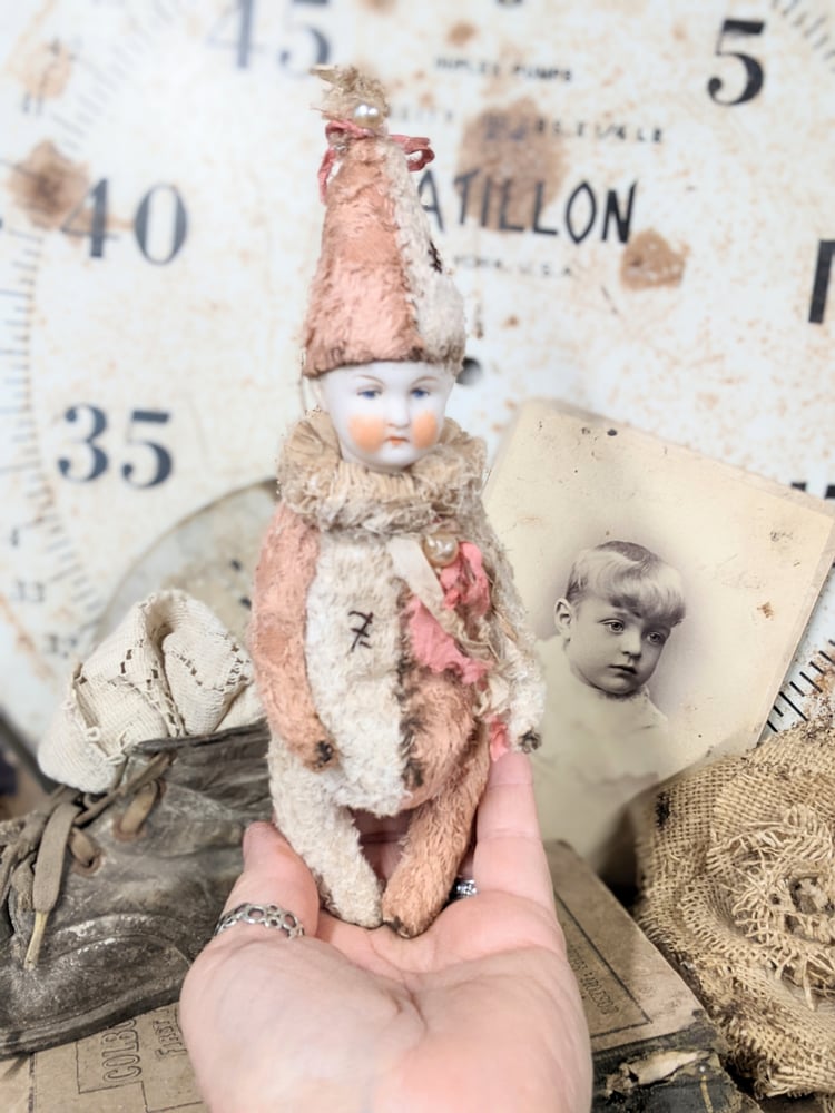 Image of Darling 7" Shabby PiNK & CrEAM  POPPET  with antique german bisque dolly head by Whendi's Bears