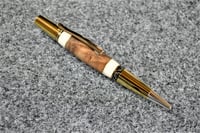 Image 1 of Walnut Burl Wood Ballpoint, White Acrylic with Brass Accents, Gold Titanium Plating, #0277