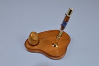 Image 3 of Cherry Pen and Stone Egg Desk Set, Authentic Polished Stone Egg, Blue and White Swirl Resin, #0291