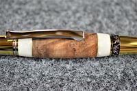Image 3 of Walnut Burl Wood Ballpoint, White Acrylic with Brass Accents, Gold Titanium Plating, #0277