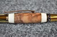 Image 5 of Walnut Burl Wood Ballpoint, White Acrylic with Brass Accents, Gold Titanium Plating, #0277