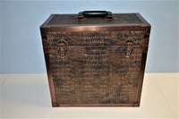 Image 4 of LP Record Storage, Solid Wood Carry Case with Bronze Gator Leather and Copper Edging, #0281