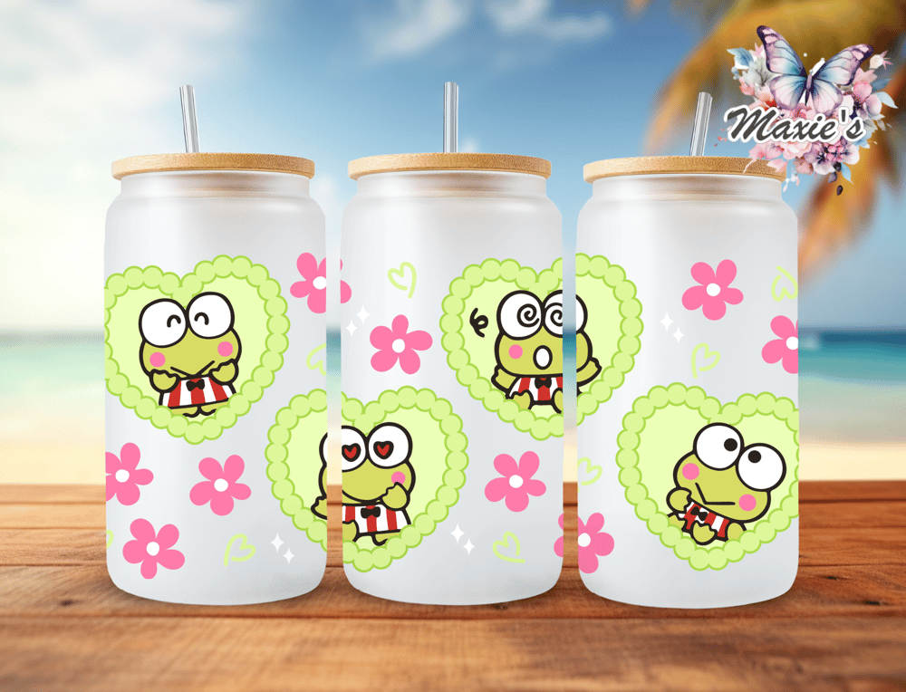 Image of Kawaii Floral Frogs Graphic Design 16oz. UVDTF Cup Wrap 