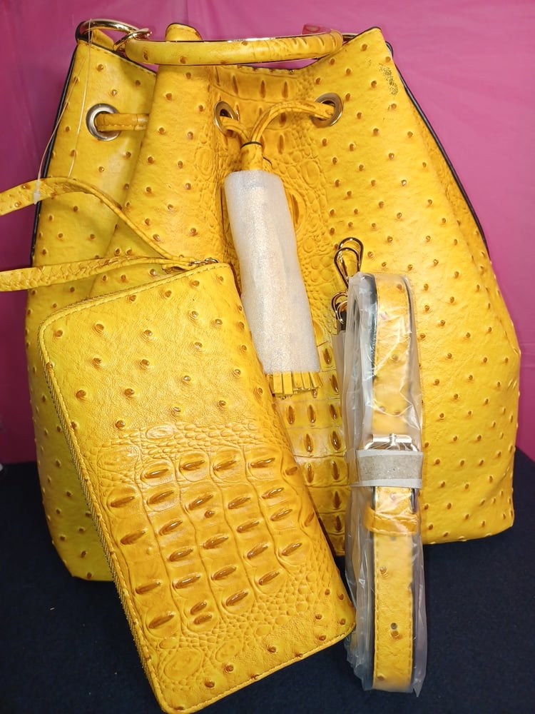 Image of Yellow Ostrich/ Crocodile drawsting bag