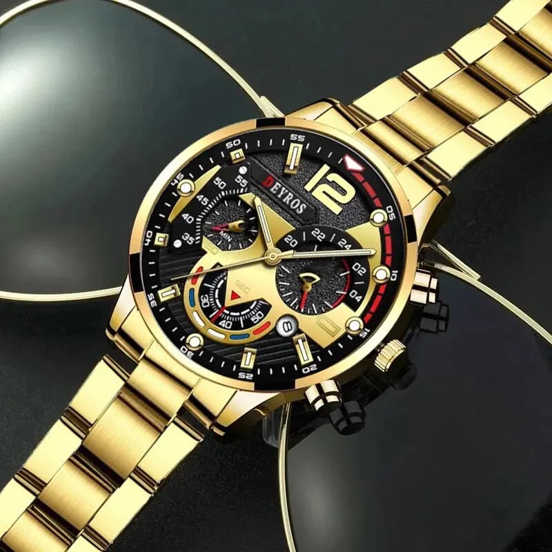 EleganceTriad™ Men's Business Watch Set with Gold Necklace and Bracelet