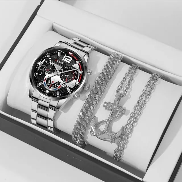 EleganceTriad™ Men's Business Watch Set with Gold Necklace and Bracelet