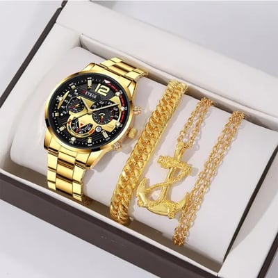 EleganceTriad™ Men's Business Watch Set with Gold Necklace and Bracelet
