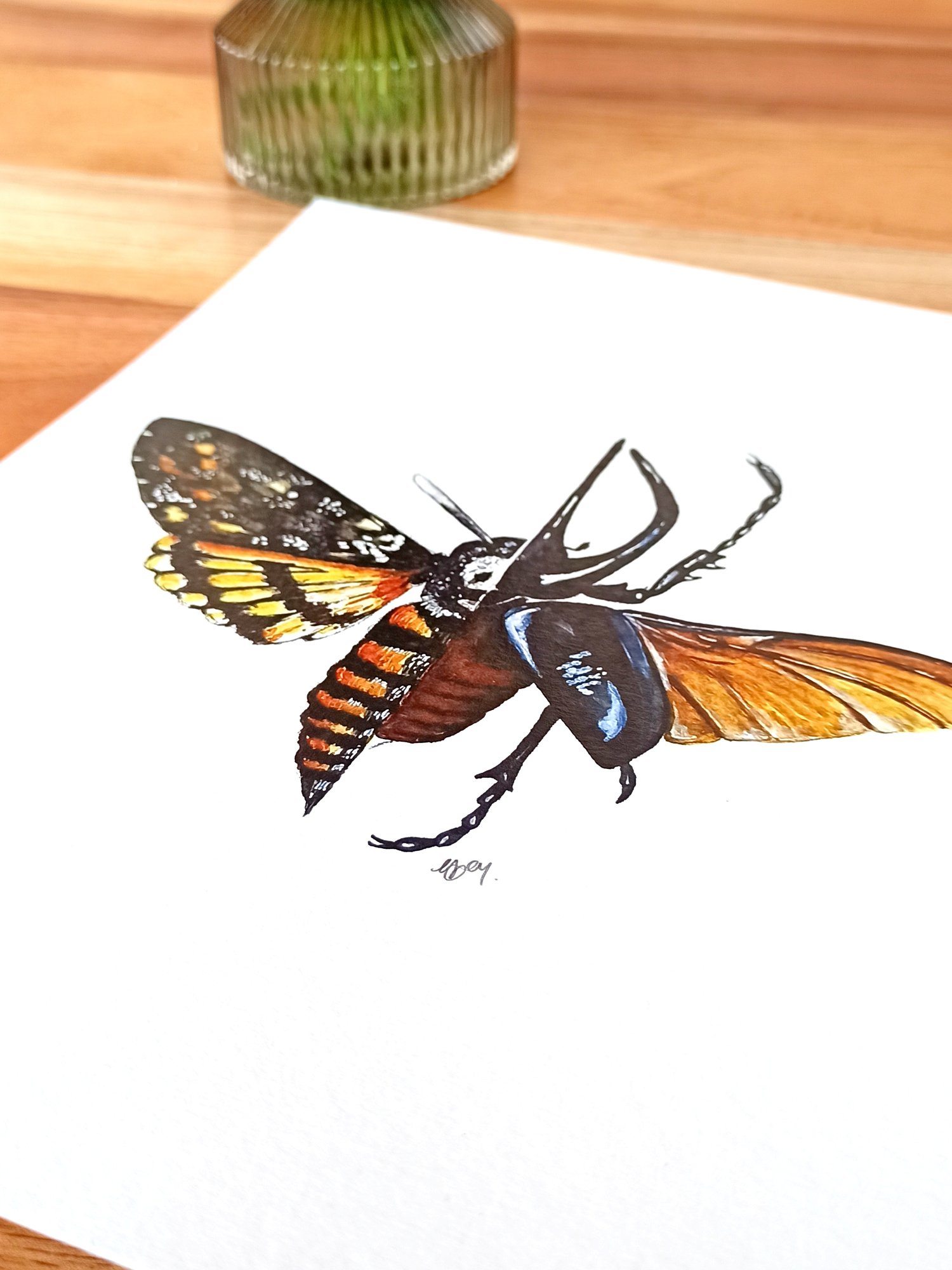 Image of Death's-head hawkmoth & Atlas Beetle Watercolor Illustration PRINT 