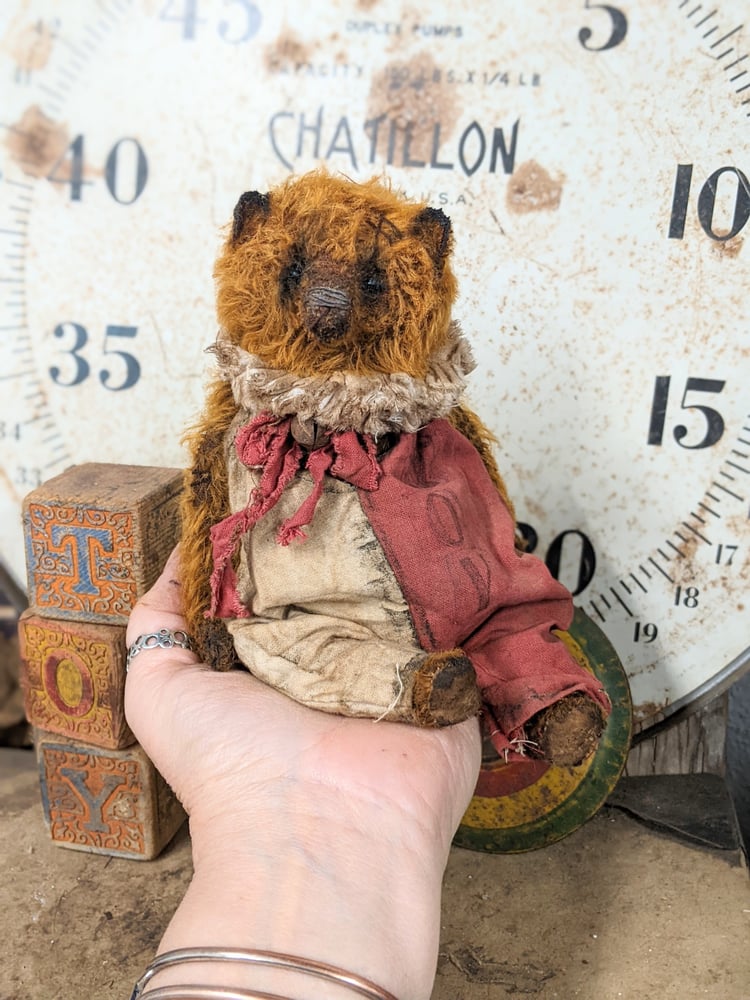 Image of 7.5"  old worn  "TOY" MOHAIR Teddy Bear w/ruff collar & romper  by Whendi's Bears.