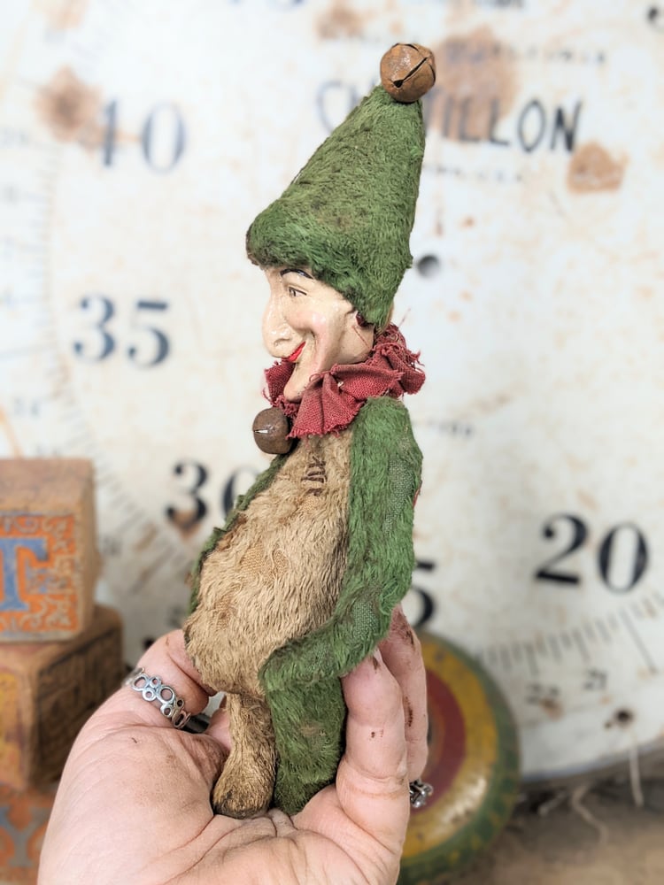 Image of One of a Kind- 8" PUNCH the jester POPPET with RARE vintage wood head by Whendi's Bears