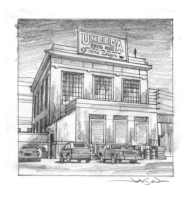 "Uneeda Medical Supplies Warehouse" - 5" x 5" original pencil drawing