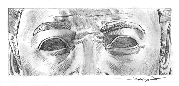"Don Post 1975 Shatner Mask" - 6.75" X 2.75" original pencil drawing