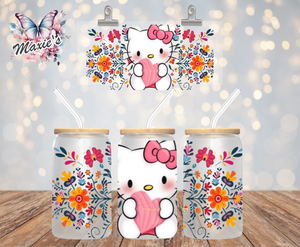Image of Floral Kitty with Concha Graphic 16oz. UVDTF Cup Wrap