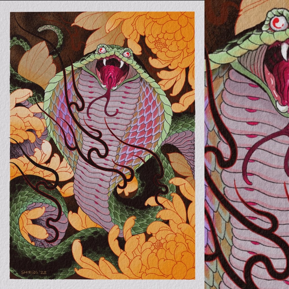 Image of Snake and chrysanthemums