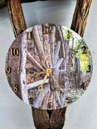 Image 1 of Vintage Country Wagon Wheel Clock, Authentic Weathered Wood, #599