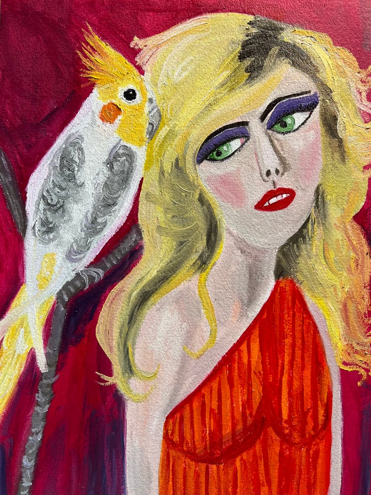 Image of Call Me - Deborah Harry with a cockatiel. original oil painting