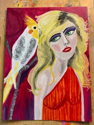Image of Call Me - Deborah Harry with a cockatiel. original oil painting