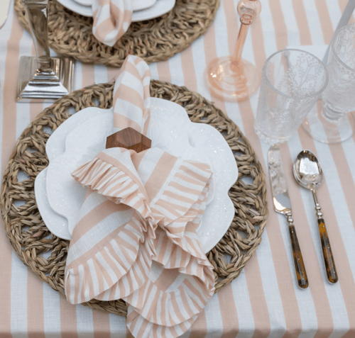 Image of Pink Stripe Table Cloth with Ruffle 