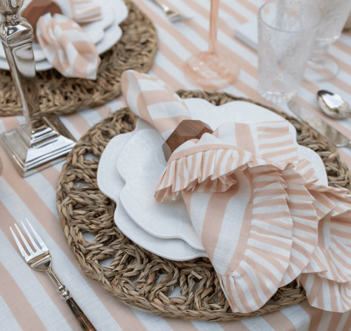 Image of Pink Stripe Table Cloth with Ruffle 