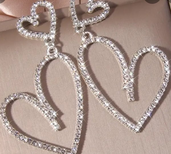 Image of Dazzle Double Hollow Heart Design Shiny Rhinestone Inlaid Dangle Earrings Simple Luxury Style