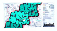 Skyhigh Original graffiti art on London tube map. throwies-turquoise