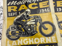 Image 2 of Langhorne Speedway Motorcycle Races aged Linocut Print (moss toned paper) - FREE SHIPPING