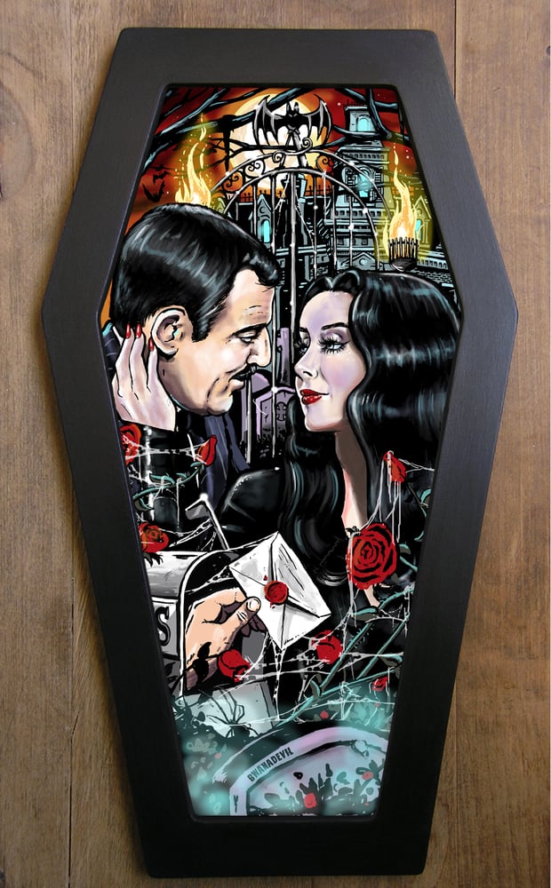 Image of LIMITED EDITION Morticia and Gomez Coffin framed Art (FREE SHIPPING)